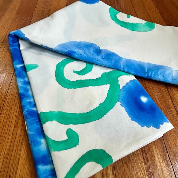Hand Dyed Cotton Tablecloth on White Background – Blue & Green Tie Dye Design - Picture 9 of 13